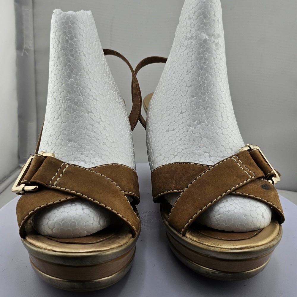 GEOX Wedge Sandals Women 38 US 7.5 Made in Brazil Tan Suede Buckle Slingback GUC